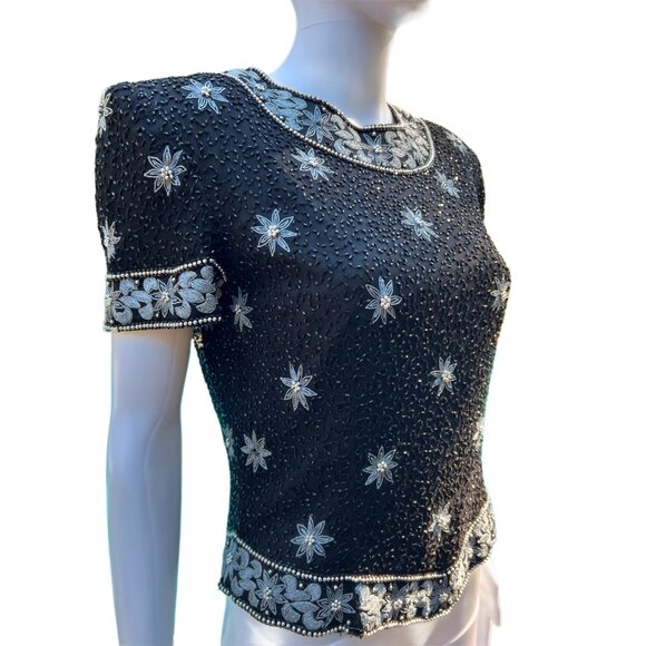 Vintage Black Beaded & Silver Floral Embroidered Short-Sleeve Top With Intricate - Picture 1 of 12